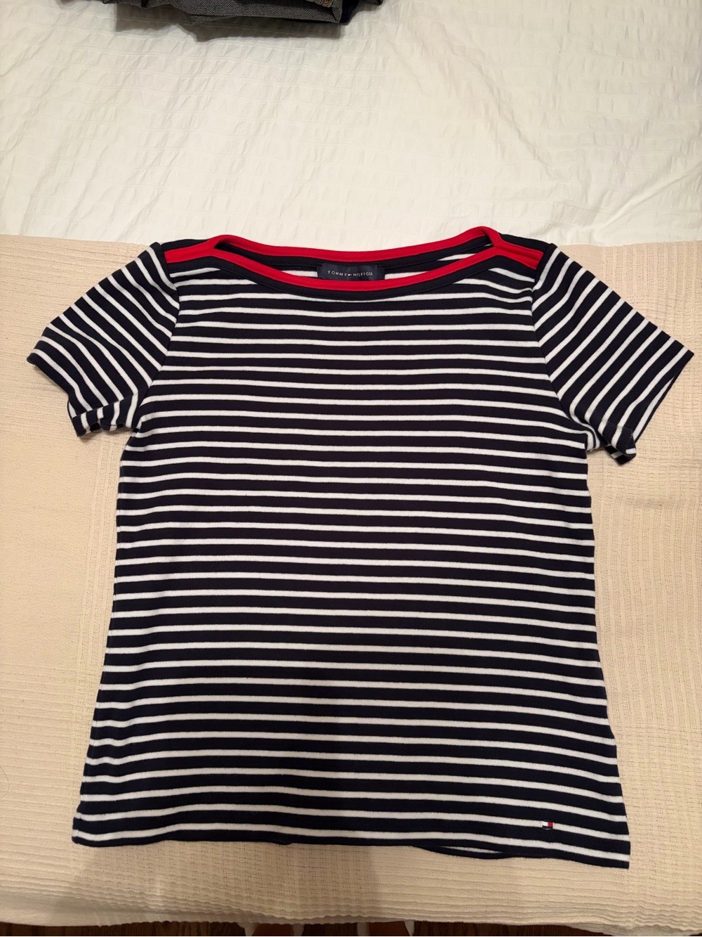 Tommy Hilfiger Navy & White Stripe Short Sleeve Top with Red Trim Boat Neck